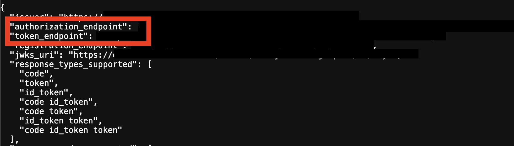 The authorize and token URLs highlighted in the metadata URI The authorize and token URLs highlighted in the metadata URI